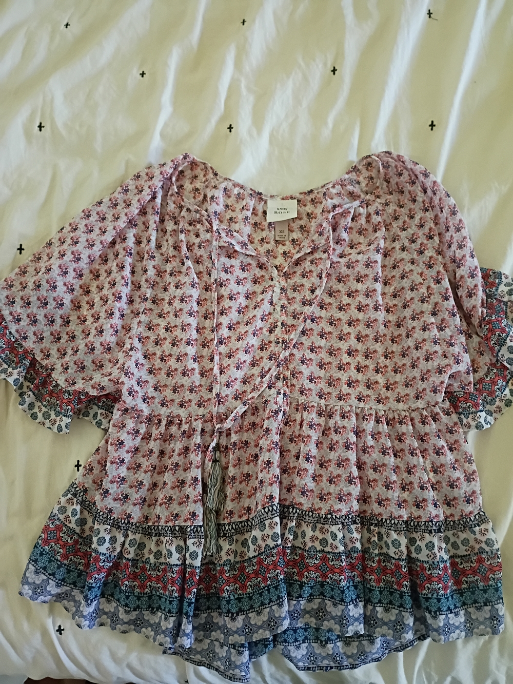 Knox Rose Boho Tie-Front Printed Ruffle Blouse